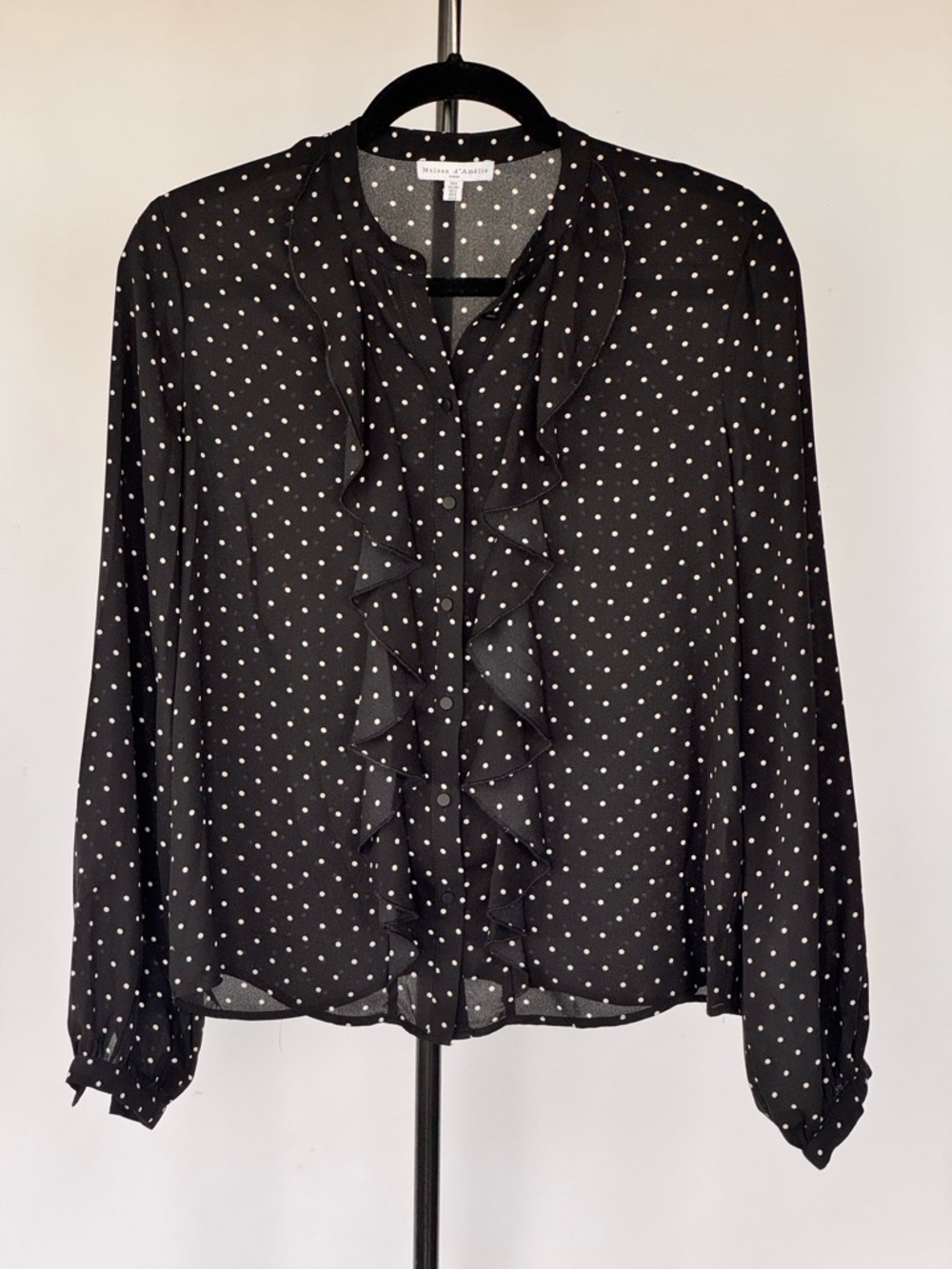 Polka Dot Ruffle Front Blouse - Black/White